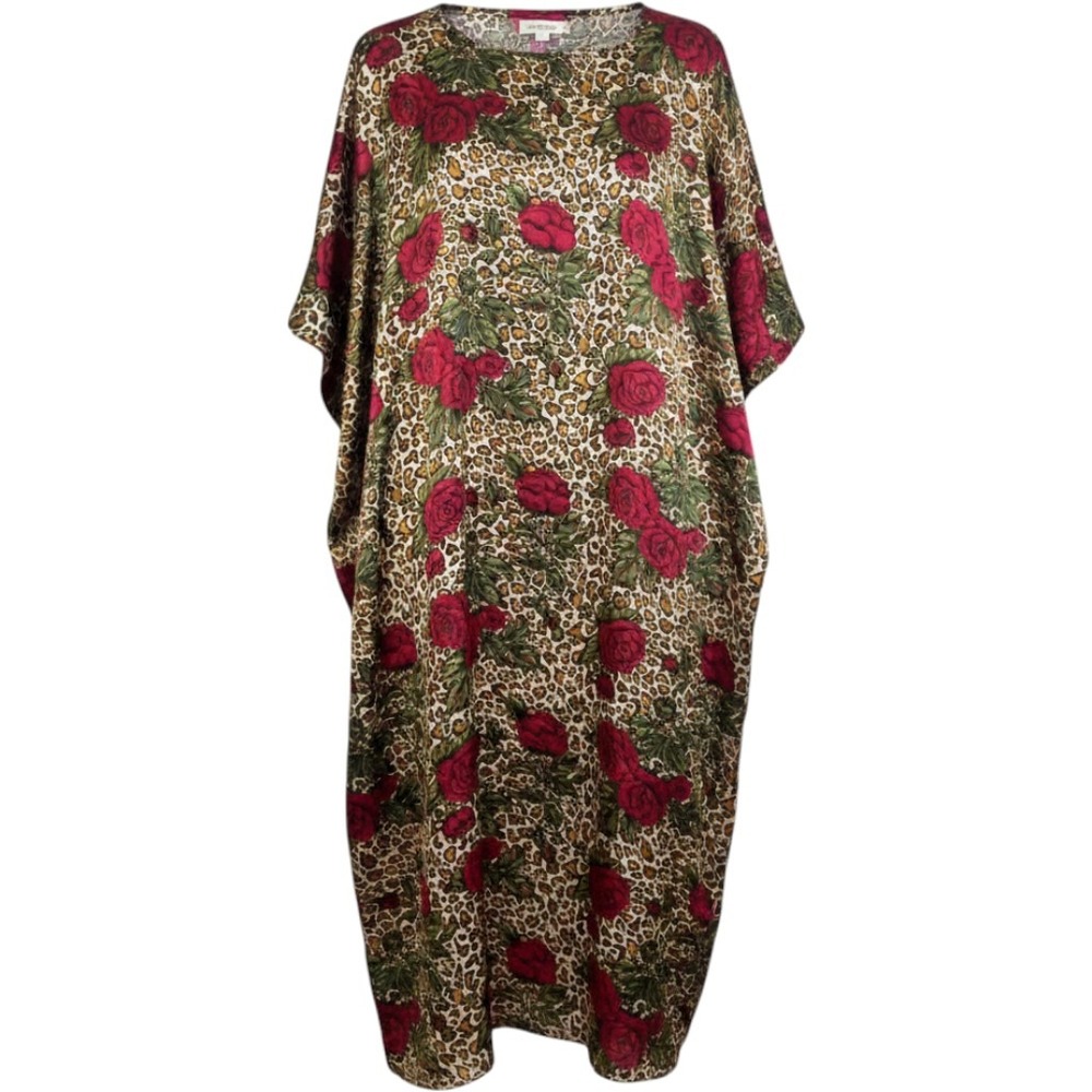 Vintage Winlar Kaftan Mumu Dress 1970s Leopard Floral Rose Tomato Red OSFM